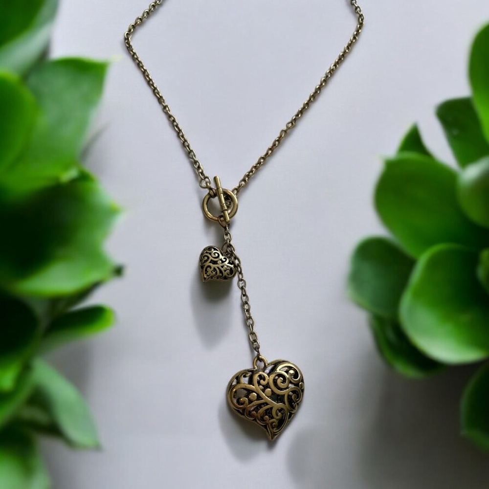 American Eagle Vintage Antique Gold Tone Double Heart Locket Pendant Necklace